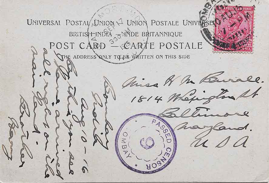 Arunachaleswarar Temple Bombay Postal Censor, 1915 Postcard 