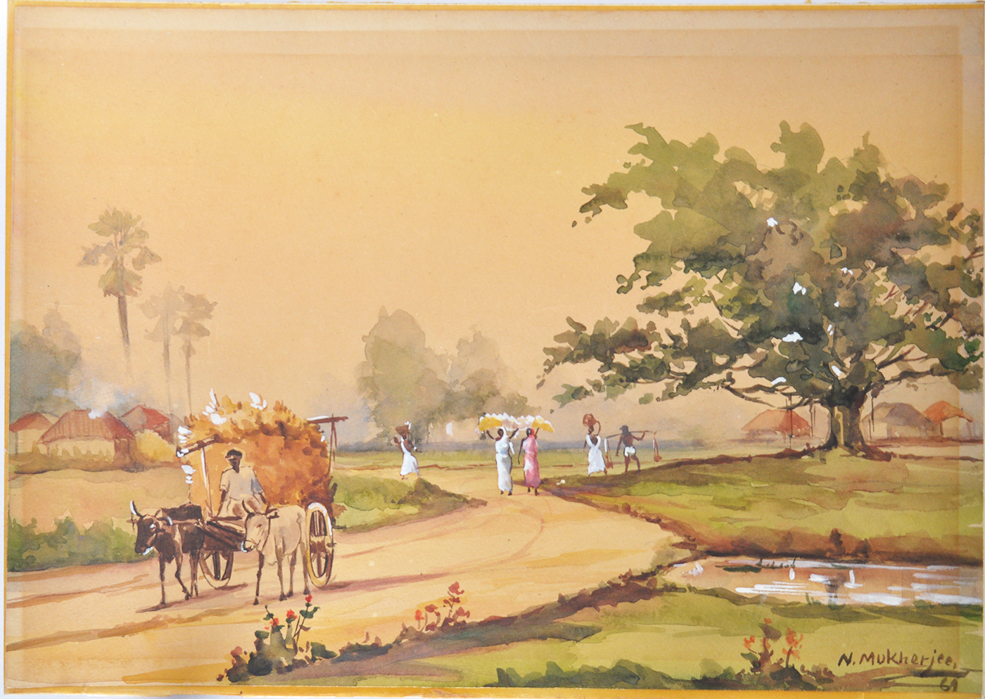 Rural Life In India Watercolour Painting By N. Mukherjee