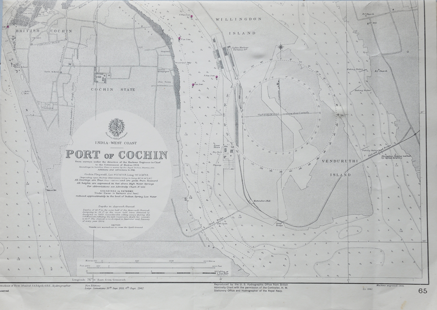 British Admiralty Chart, Port of Cochin Map, 1943