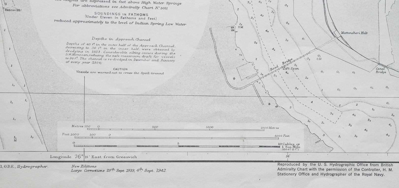 British Admiralty Chart, Port of Cochin Map, 1943