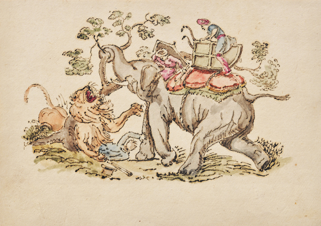 Elephant Battles Lion Watercolour Sketch British India, 1837