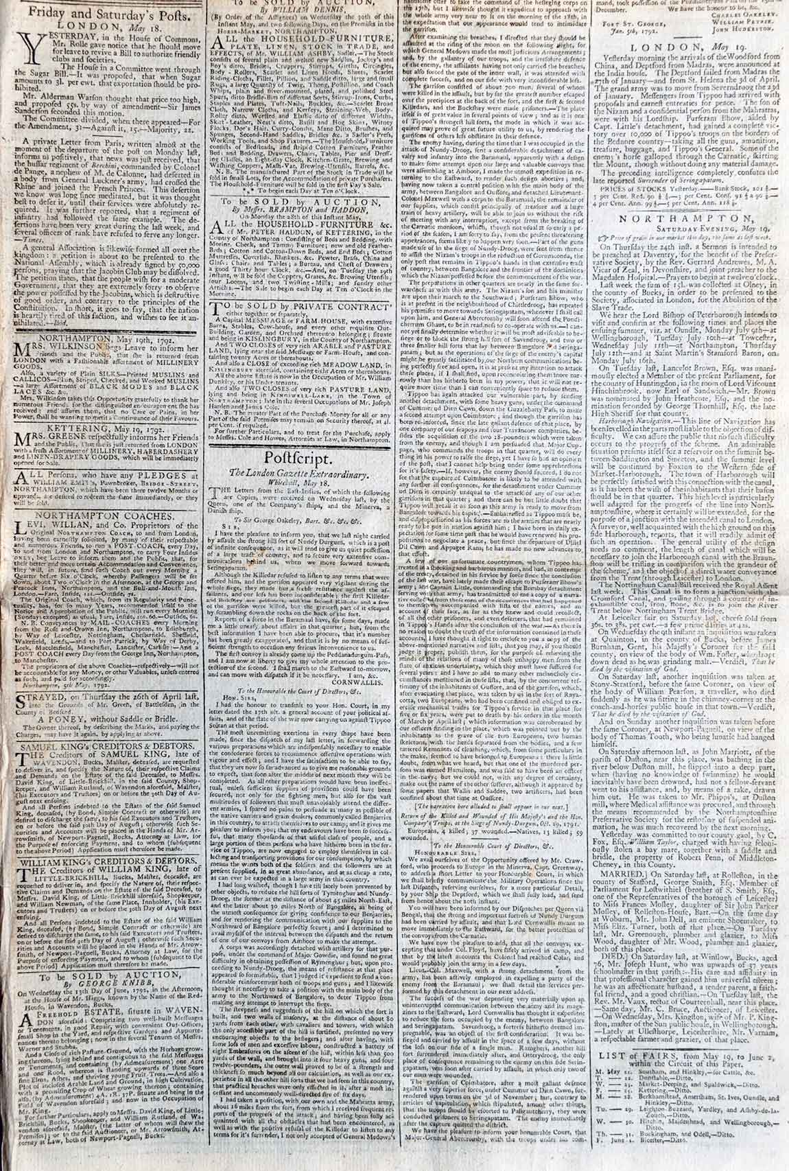 News of Siege Of Nandi Durg Fort By Cornwallis, 1792 Newspaper