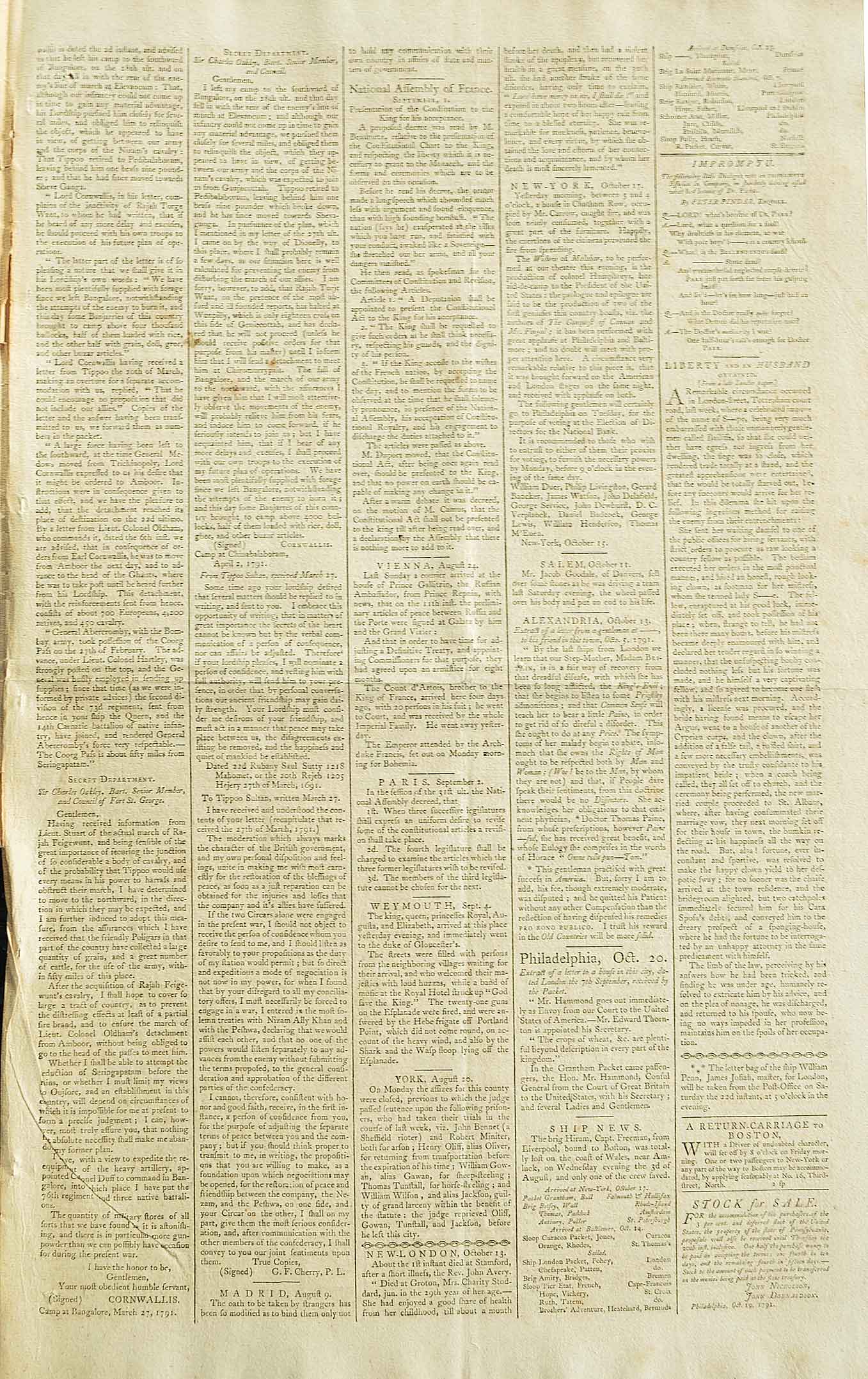 3rd Anglo-Mysore War Against Tipu Sultan, 1791 Newspaper1