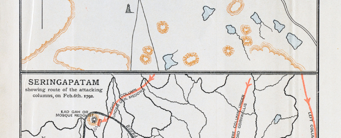 Rare 1911 map showing Bangalore and Seringapatam during the Third Anglo-Mysore War, featuring Bangalore Fort, the Pettah, and the British assault on Tipu Sultan's capital.