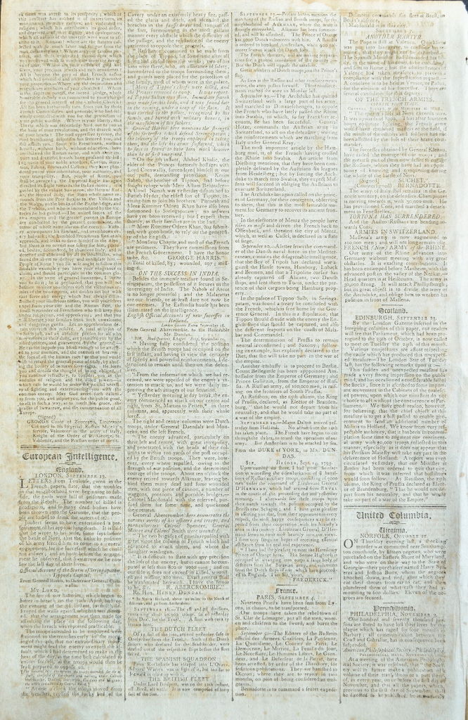 1799 American newspaper report on Tipu Sultan's death and the 4th Anglo-Mysore War
